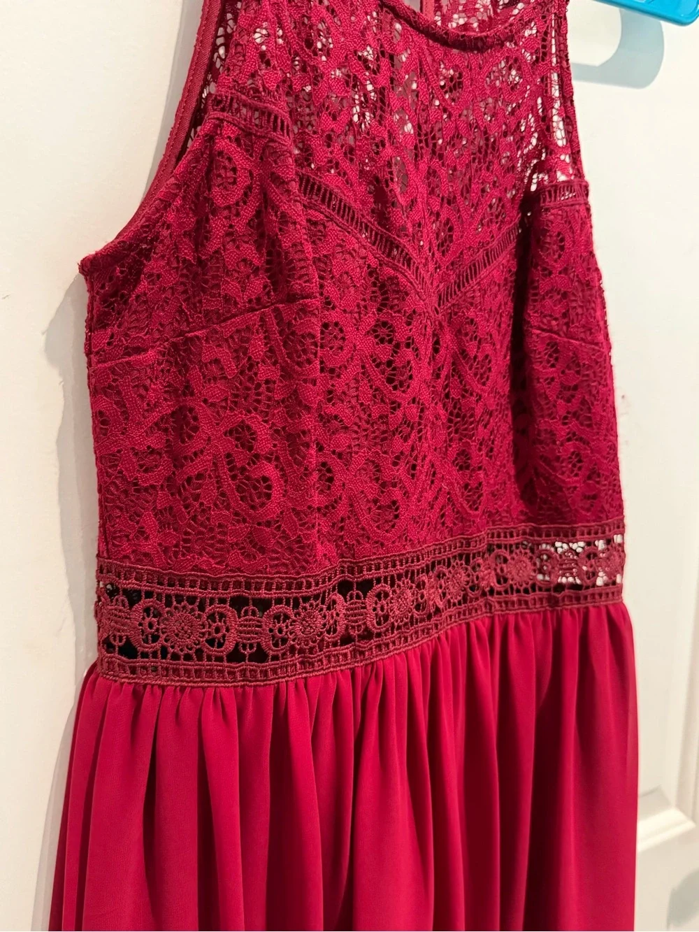 I.N. San Francisco Burgundy Lace Halter Chiffon Dress